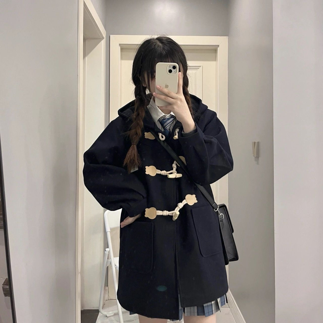 牛角扣中长款日系JK加厚连帽外套