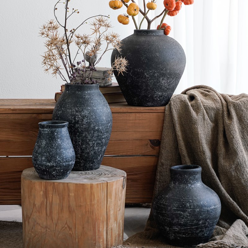 侘寂风复古花瓶装饰摆件s粗陶民宿陶罐陶瓷插花器阳台花盆家居摆