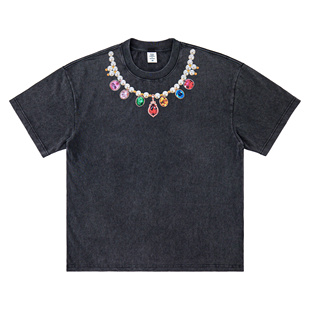 高街夏季MEDM国潮项链刺绣305g重磅棉短袖T恤男复古休闲半袖体恤