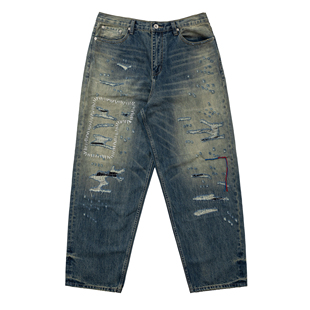 25SS日系潮牌手工红蓝线水洗破坏补丁乱线低档垮牛工装牛仔裤男女