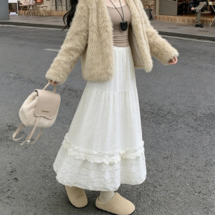  白色毛绒半身裙女秋冬a字蕾丝蛋糕长裙大码胖mm遮肚显瘦保暖裙子