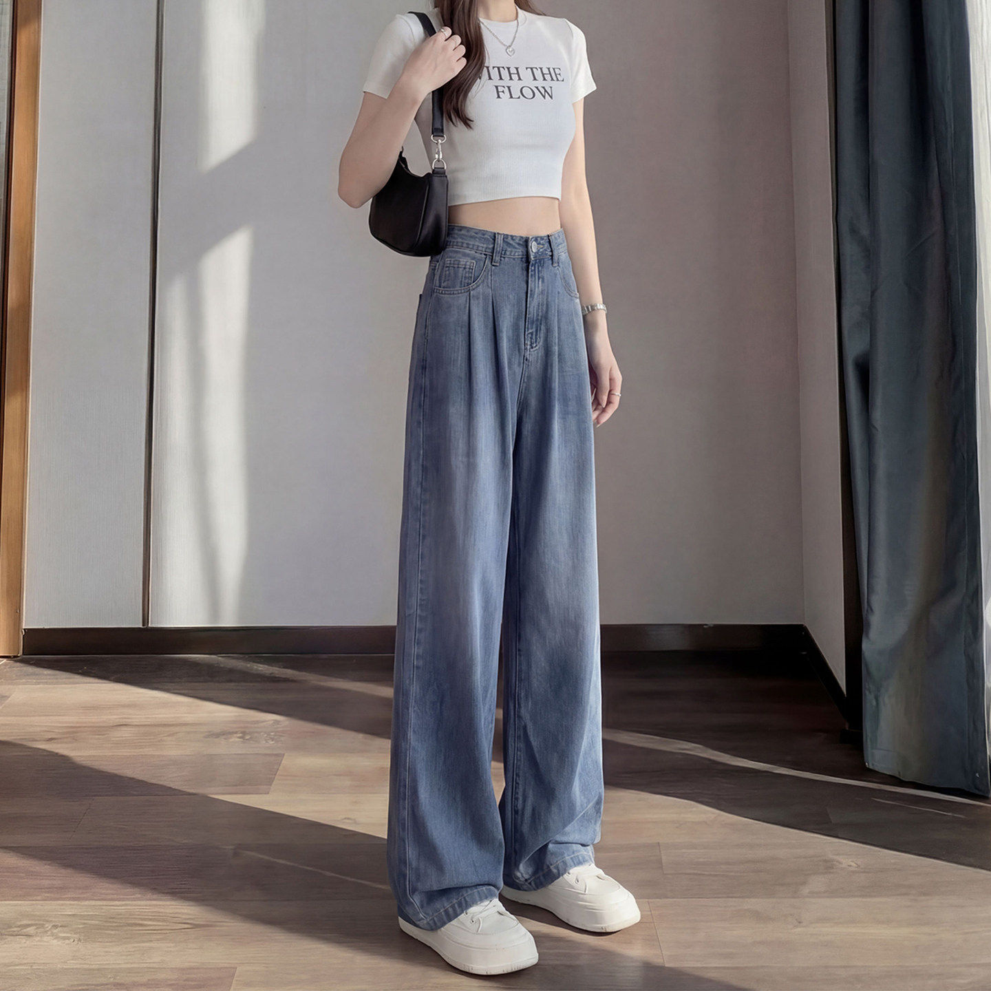 天丝牛仔裤女夏薄款2026新款高腰阔腿宽松窄版小个子冰丝直筒裤子