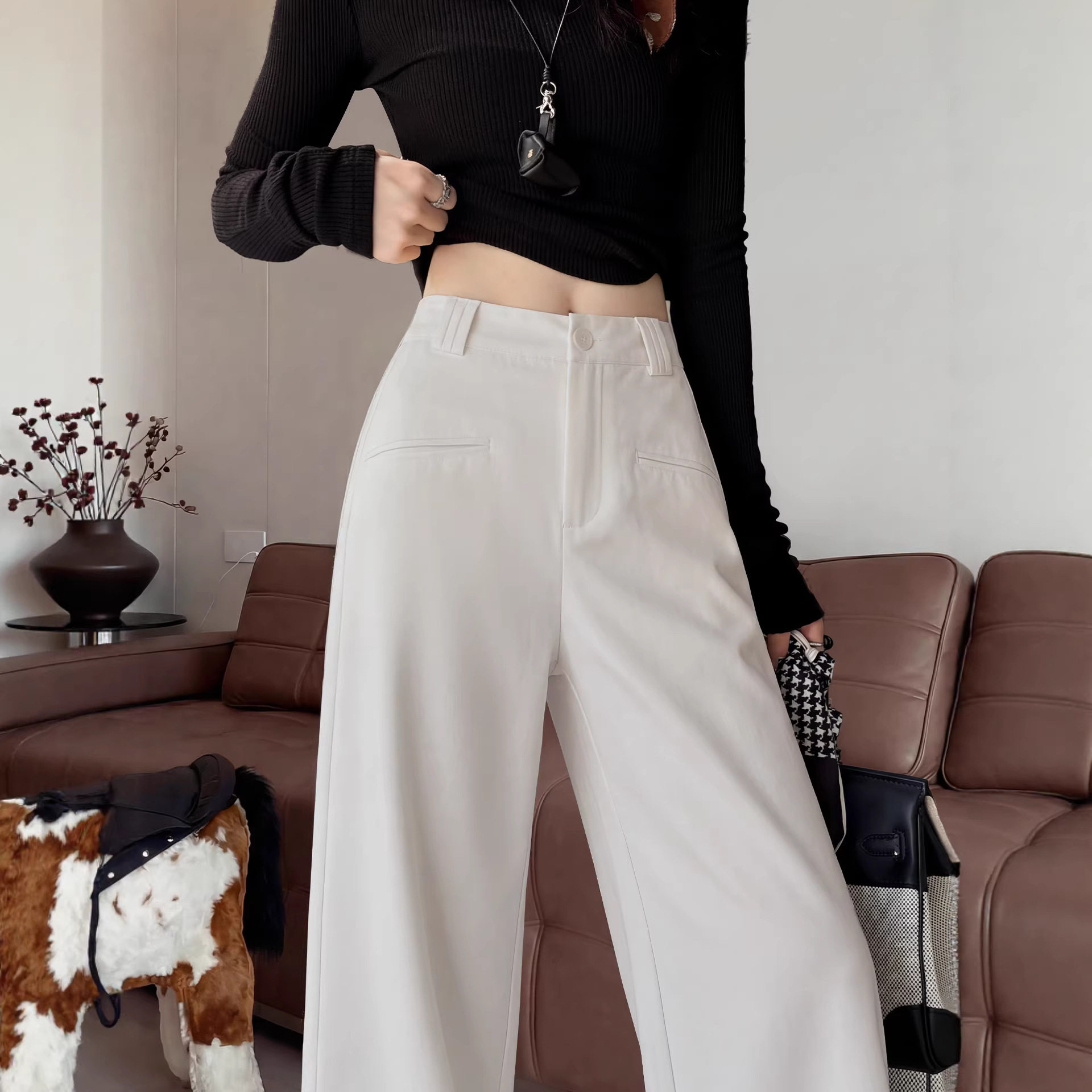 老钱风阔腿裤女2026春秋季新款高腰垂感窄版显瘦西装裤休闲直筒裤