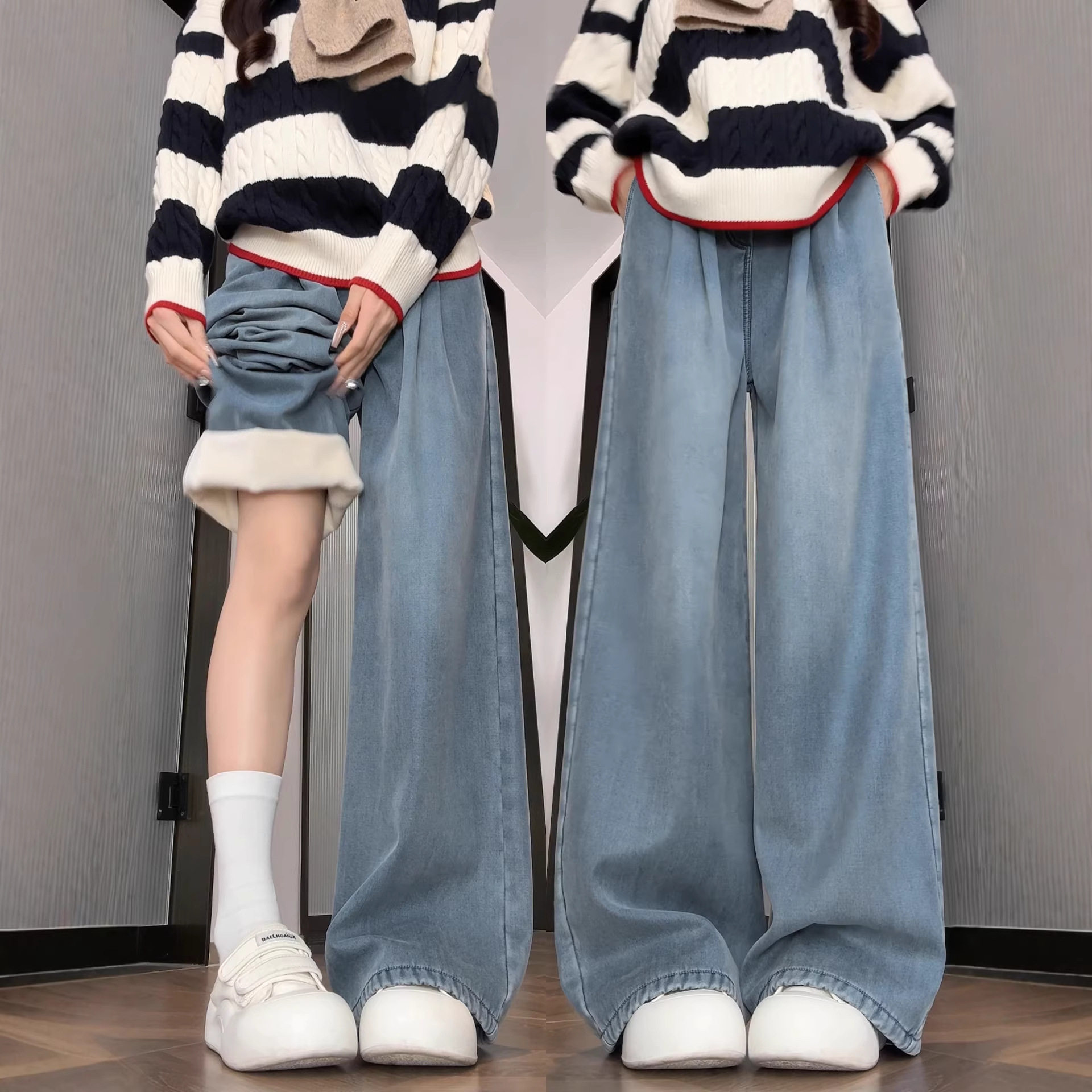 直筒牛仔裤女裤子秋冬季加绒宽松大码胖mm松紧腰小个子窄版阔腿裤