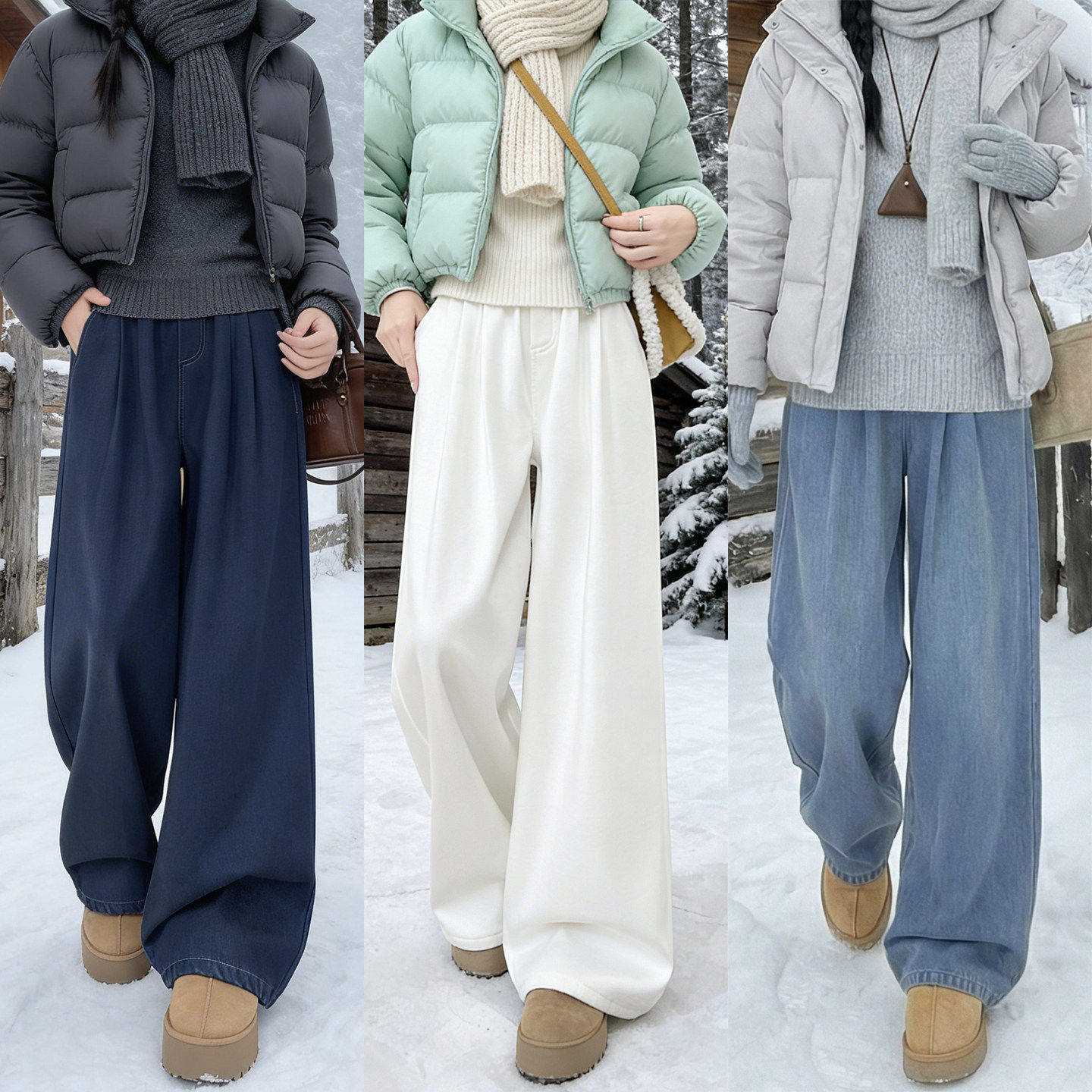 加绒加厚牛仔阔腿裤女秋冬新款慵懒垂感小个子休闲宽松窄版直筒裤