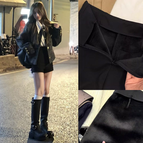 黑色加绒西装短裤女秋冬外穿2025新款小个子a字显瘦打底包臀热裤