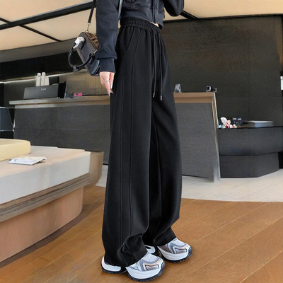 黑色加绒运动裤子女2025新款秋冬加厚卫裤休闲窄版直筒香蕉阔腿裤