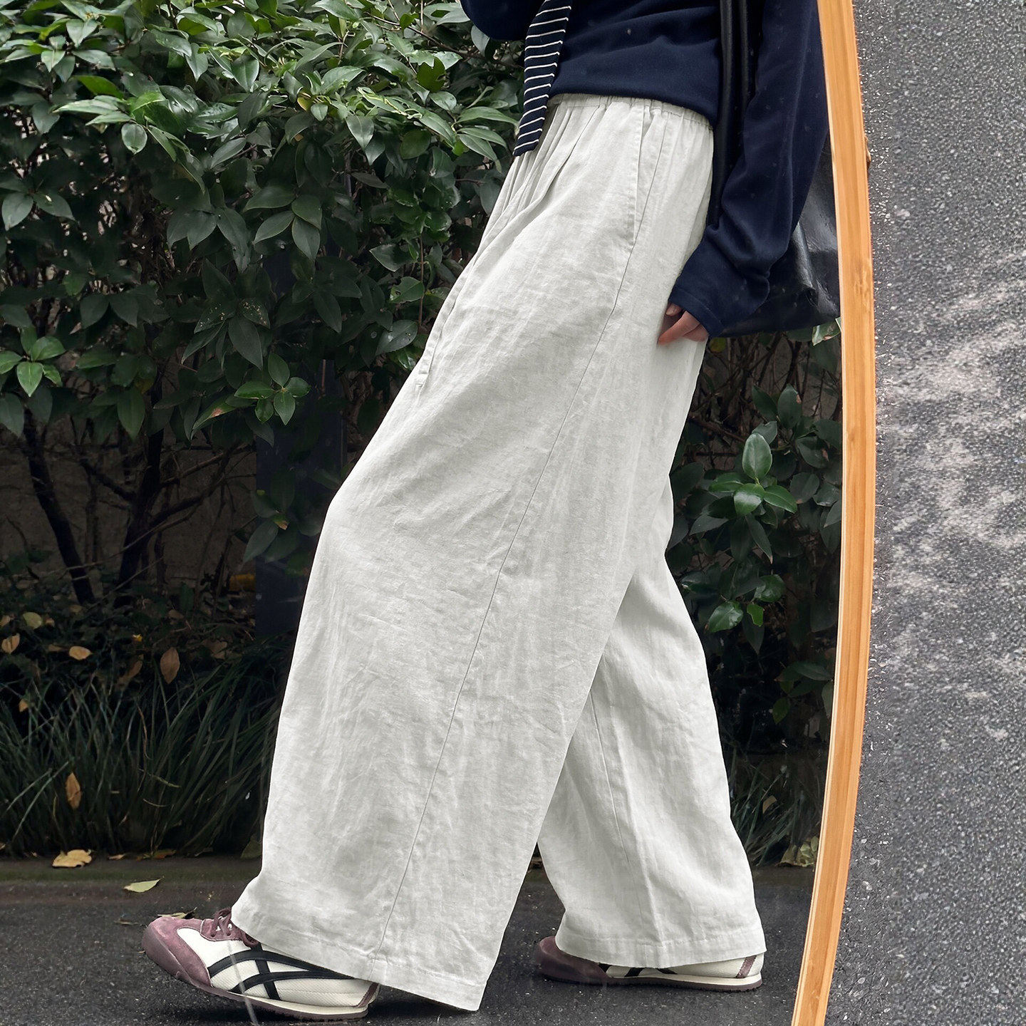 白色亚麻阔腿裤女夏季薄款宽松慵懒老钱风小个子冰丝休闲弯刀裤子