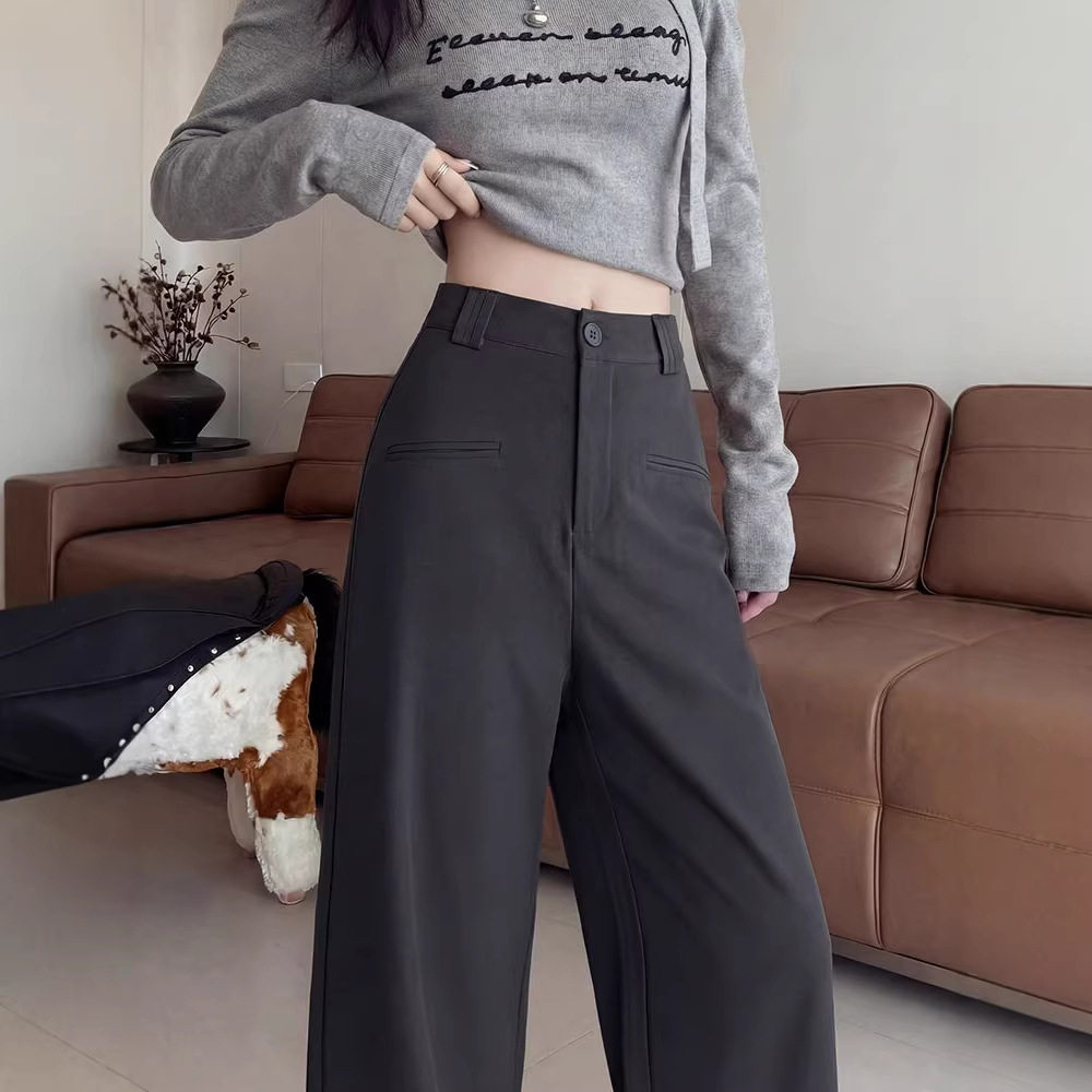 西装直筒裤女裤2026新款春秋季胖mm高腰窄版垂坠感老钱风阔腿裤子