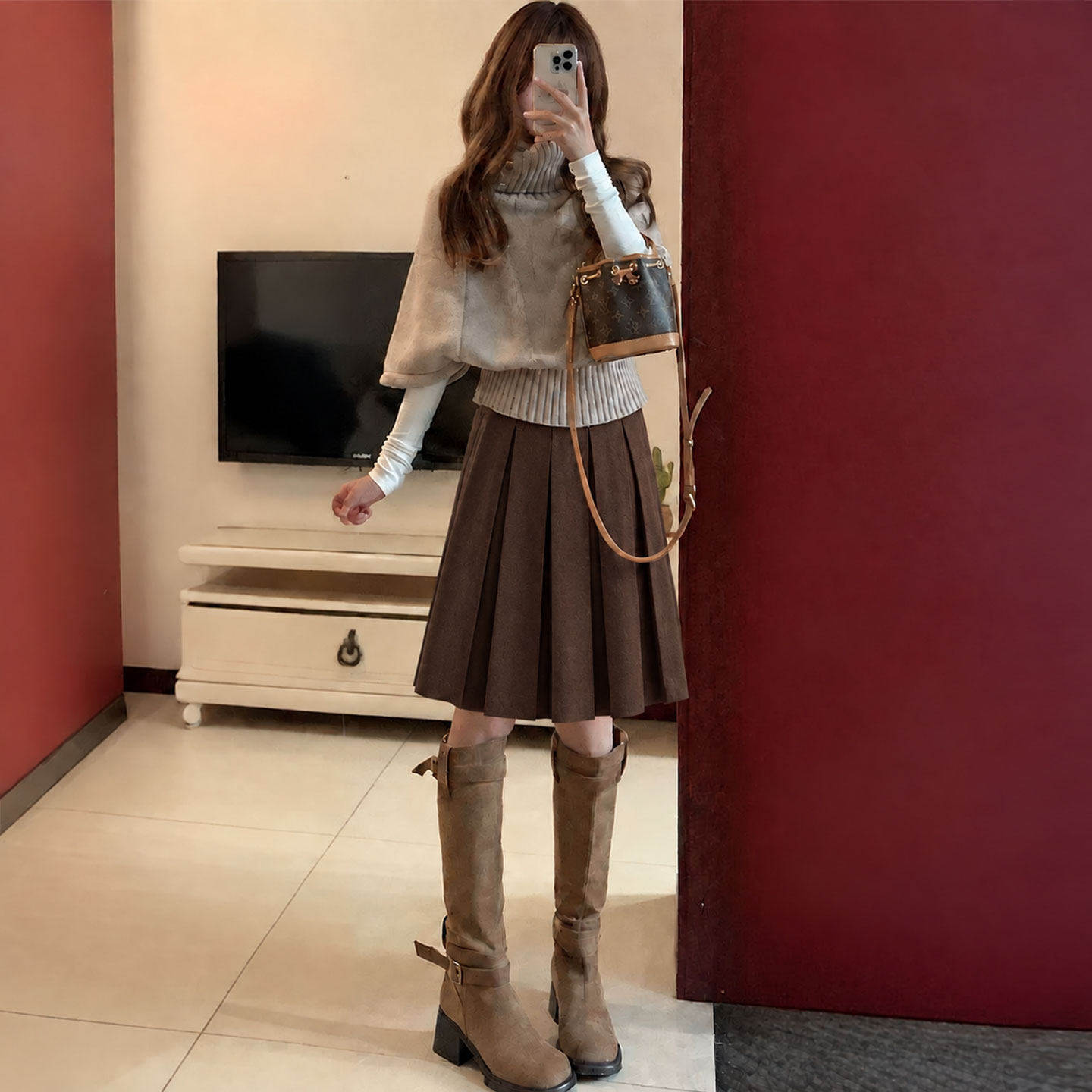 美拉德咖色半身裙女2026秋冬新款小个子高腰a字半裙毛呢百褶裙子