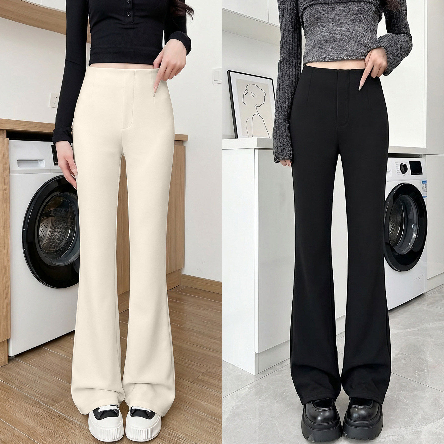 黑色加绒微喇叭裤女裤子秋冬季大码胖mm梨形显瘦垂感西装裤