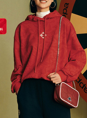 Kappa卡帕女装夏季新款运动休闲复古满印连帽卫衣K0E22MT38