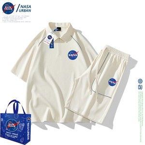 NASA联名男士休闲套装夏季反光条设计感翻领T恤短裤宽松两件套