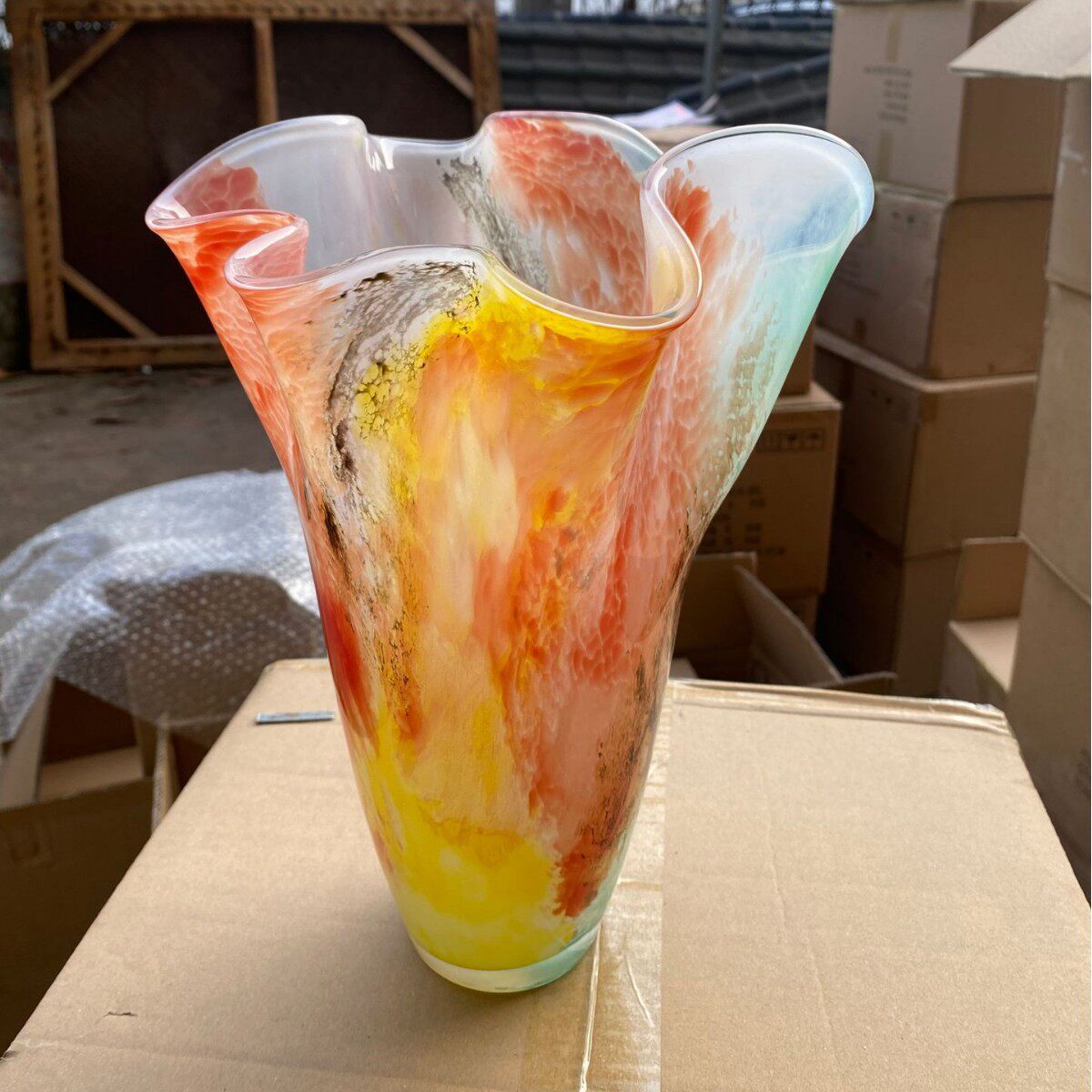 彩色肌理皱褶大口径中古风花瓶北欧手工琉璃玻璃花瓶花器摆件高级