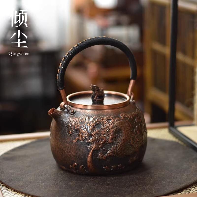 龙凤呈祥紫铜壶 大容量烧水壶纯铜 铜壶泡茶壶加厚威武霸气煮水壶