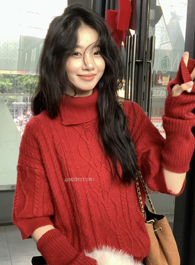 圣诞新年红色毛衣女复古设计感套头保暖毛衣配袖套10浣熊毛25193