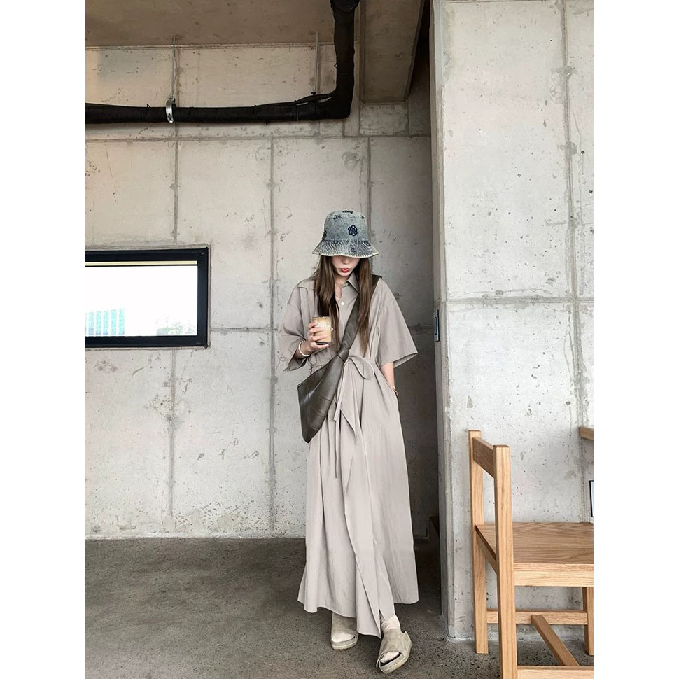 新款时尚简约高定立裁衬衫裙荷叶领长裙女宽松慵懒连衣裙YY7269