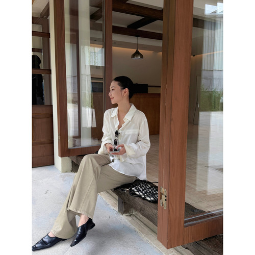 秋季新简约休闲天丝上衣女口拼接亚麻长袖衬衫GW26A-W9739Y