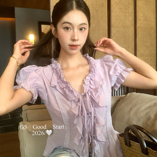 GS.GOOD START-好宝藏单品夏季法式温柔蕾丝荷叶边短袖小衫N5161Y