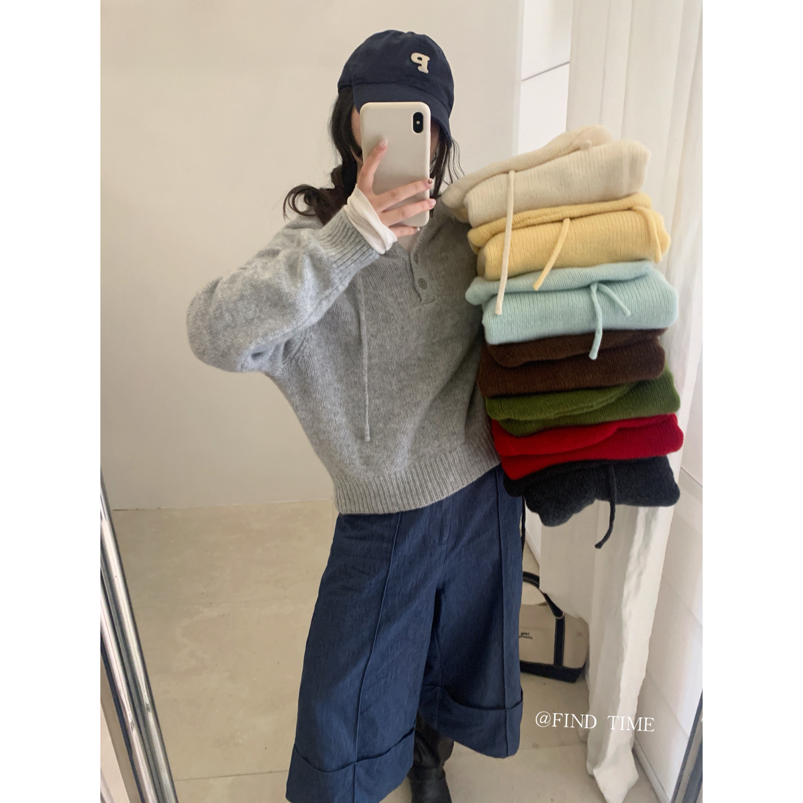 26春款全毛半纽扣连帽打底衫抽绳套头保暖毛衣全羊毛衫L60971