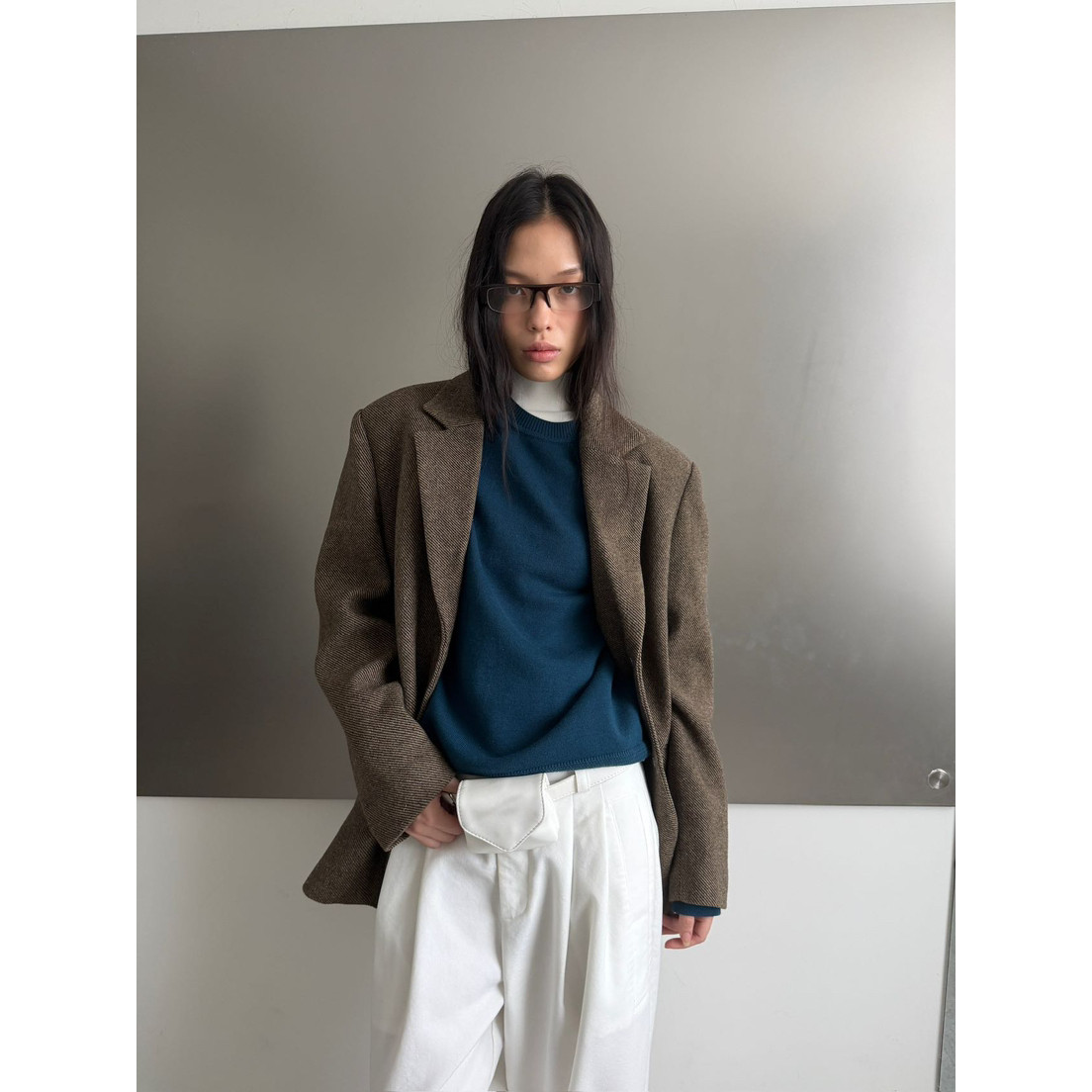 秋上新韩式高质感商务通勤慵懒人字纹垫肩简约休闲西装羊毛外套女