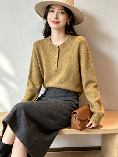秋上新韩系简约百搭圆领全羊毛针织衫女柔软显瘦保暖毛衣小衫