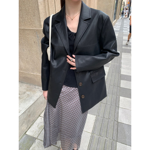 秋上新通勤显质感防风外套皮衣女PU皮西装领休闲外套T4985