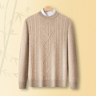 春竹加厚100%纯羊毛25秋冬新款 绞花纯色圆领男毛衣休闲保暖羊毛衫