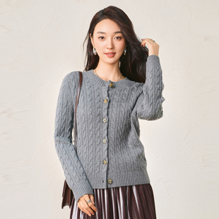 春竹春季100%绵羊毛圆领针织开衫纯色百搭气质休闲保暖女羊毛外套