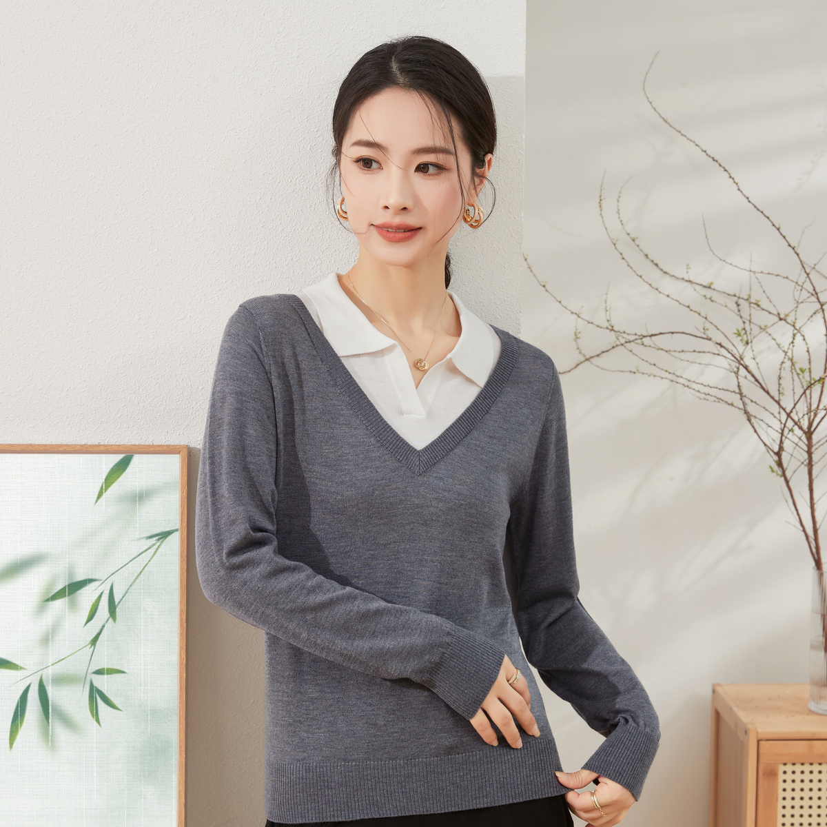 春竹2025秋季新款假两件显瘦百搭高级感休闲洋气上衣女长袖针织衫