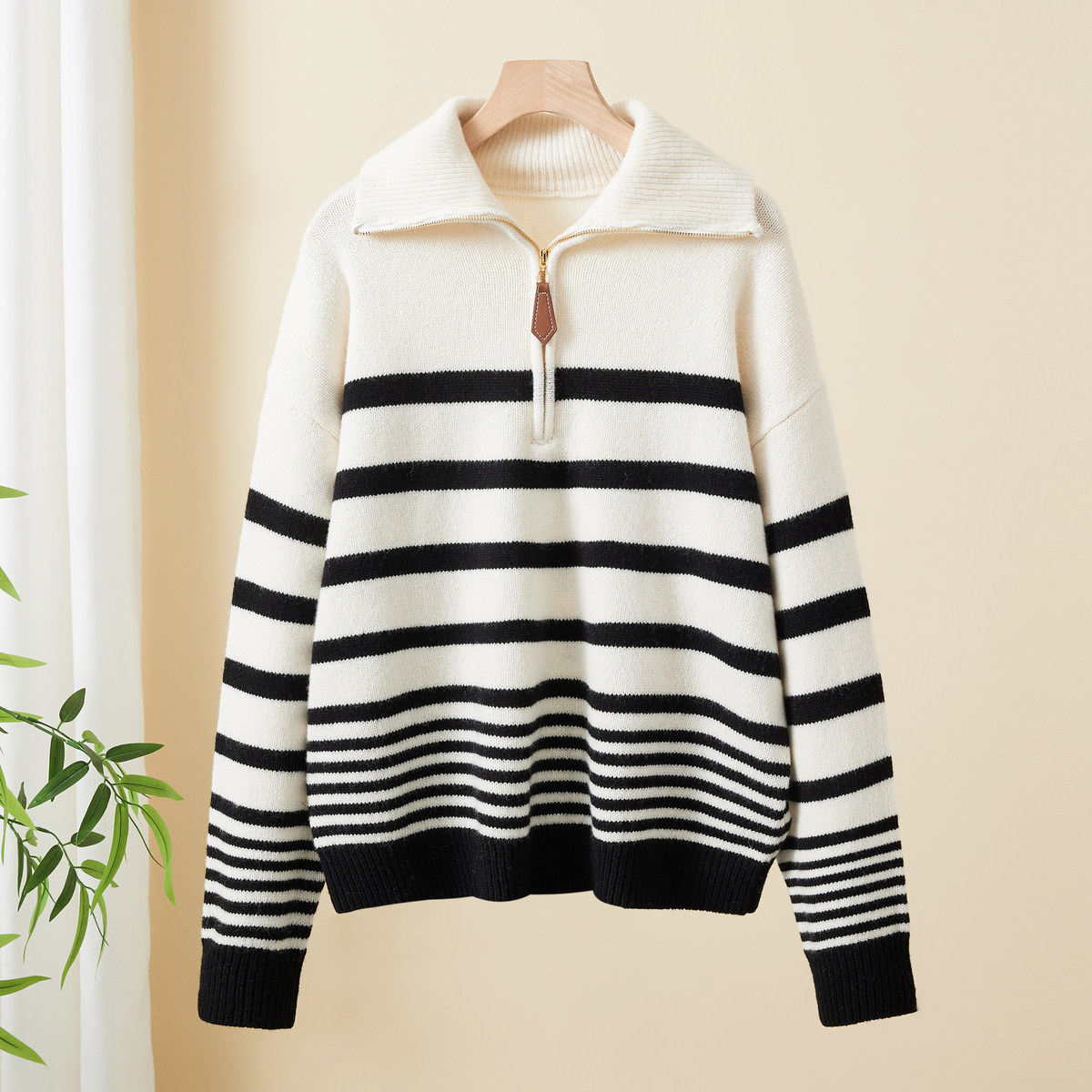 春竹100%羊毛加厚秋冬新款外套半襟拉链宽松条纹圈圈纱女针织开衫