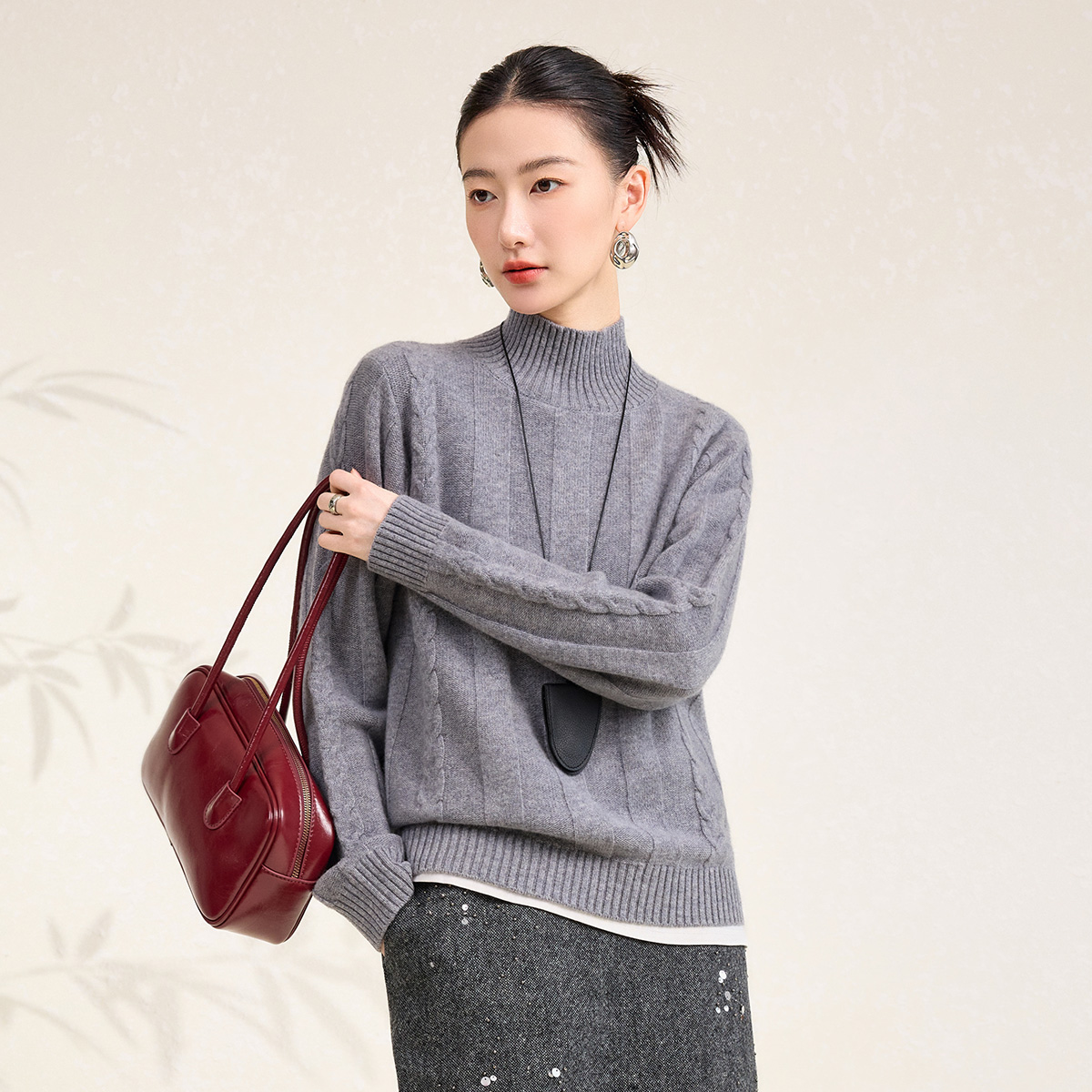 春竹秋冬新款羊毛羊绒混纺半高领保暖洋气慵懒风绞花毛衣女羊毛衫