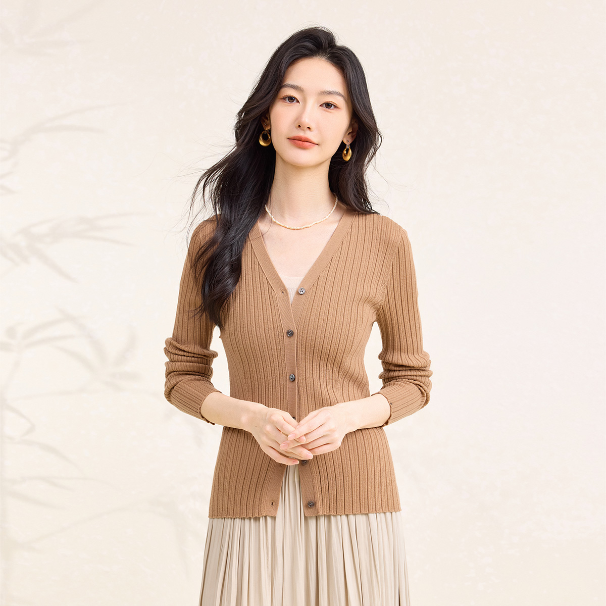 春竹无缝精纺100%羊毛秋季新款V领坑条纹修身洋气显瘦女针织开衫