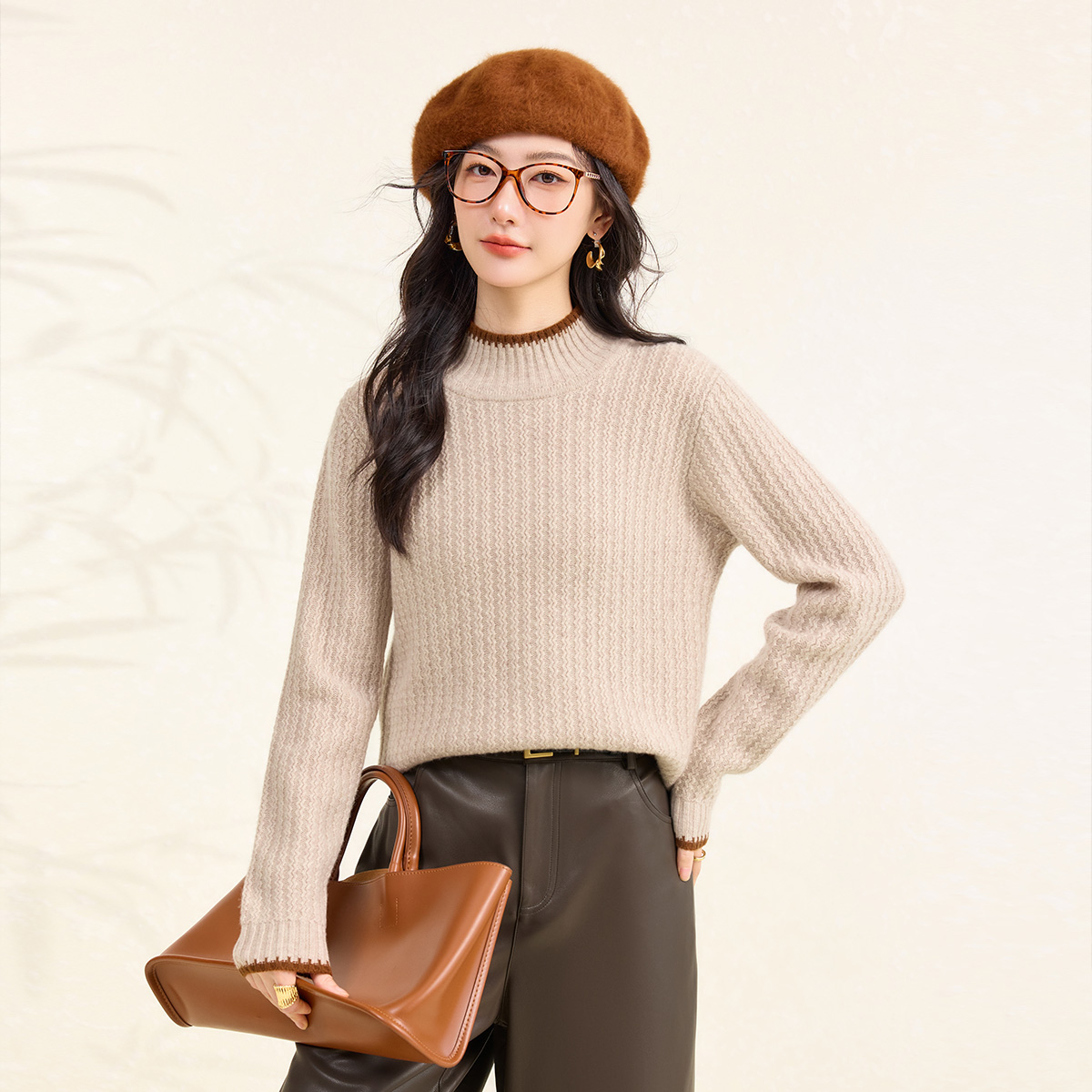 春竹厚款羊毛羊绒秋冬新款撞色半高领洋气保暖慵懒风毛衣女羊毛衫