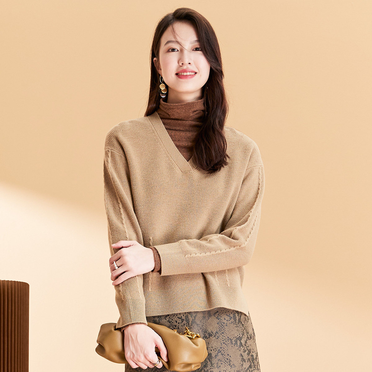 春竹2026春季新款亲肤加厚100%绵羊毛时尚百搭V领毛衣针织羊毛衫