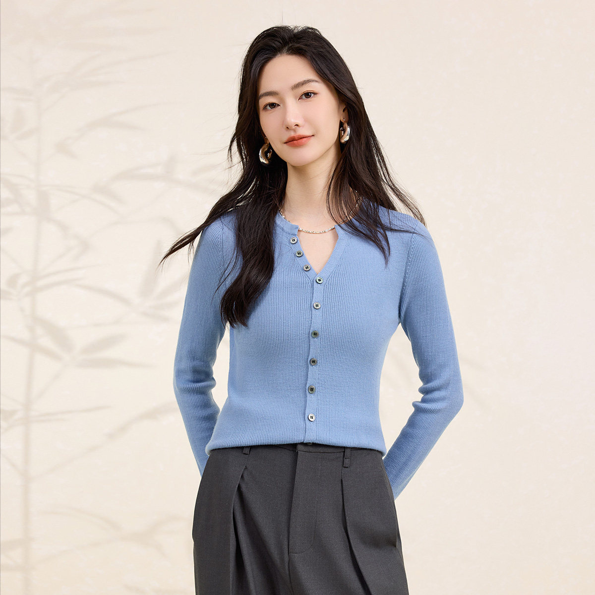 【48支精纺纯羊毛】春竹26春季新款剪刀领修身洋气减龄女针织开衫