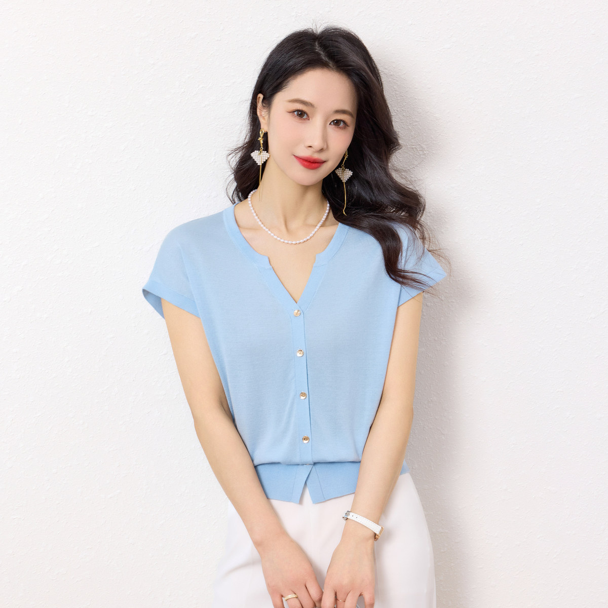 春竹26早春含桑蚕丝混纺圆领合体连肩纯色薄款休闲女短袖针织开衫