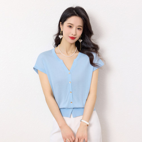 春竹桑蚕丝混纺薄款女短袖针织开