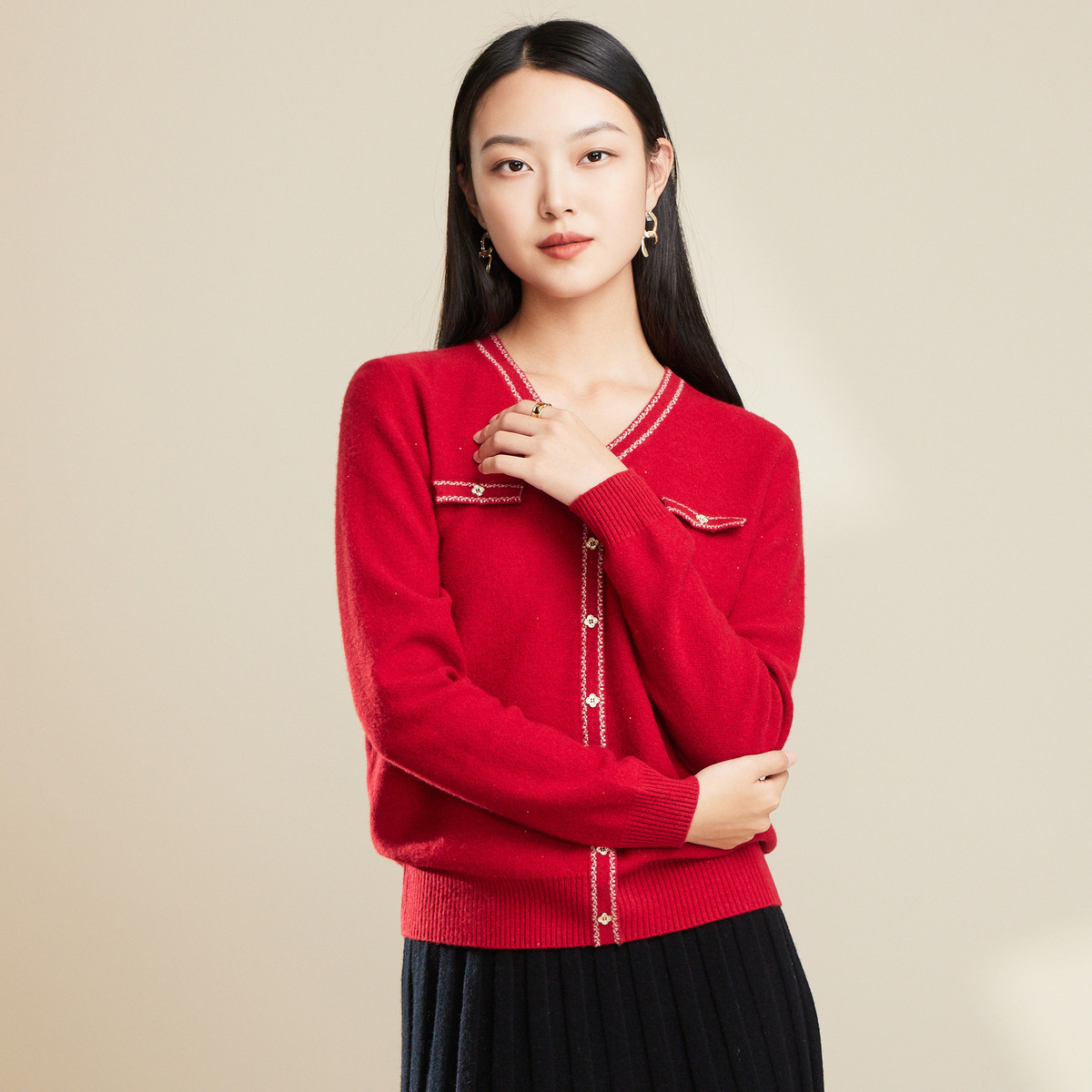 春竹2025秋冬新款100%羊毛宽松保暖气质显瘦V领软糯风女上衣毛衣