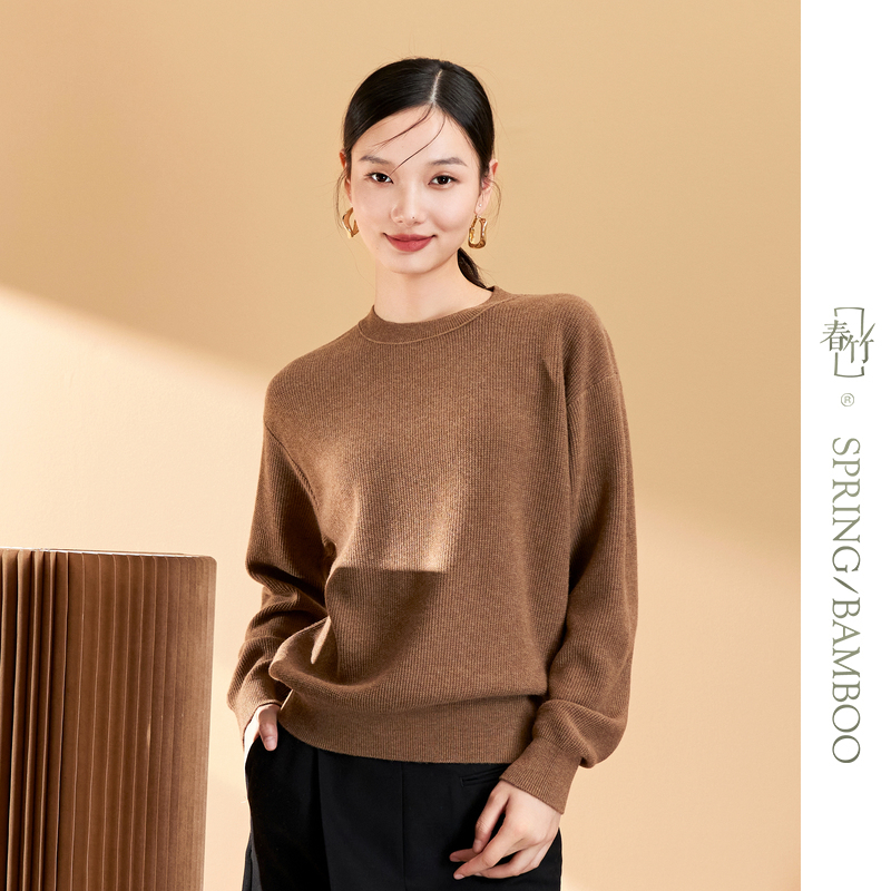 春竹秋冬季新款纯羊毛宽松保暖气质显瘦圆领软糯风保暖毛衣女上衣