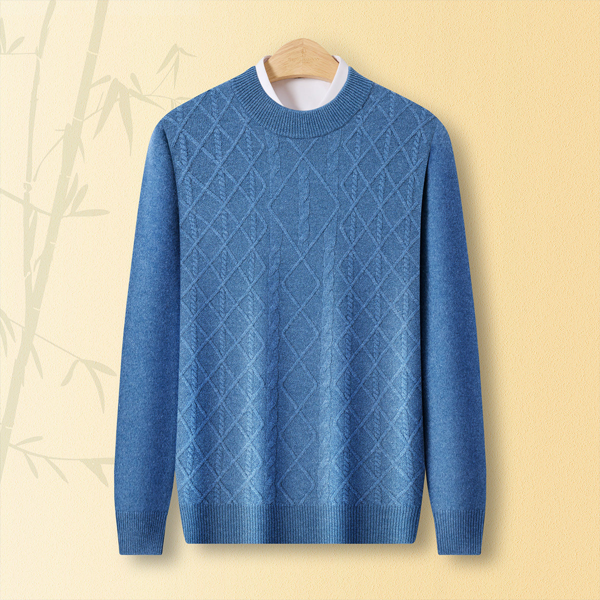 春竹加厚羊绒羊毛春季新款圆领绞花休闲纯色百搭保暖毛衣男羊毛衫