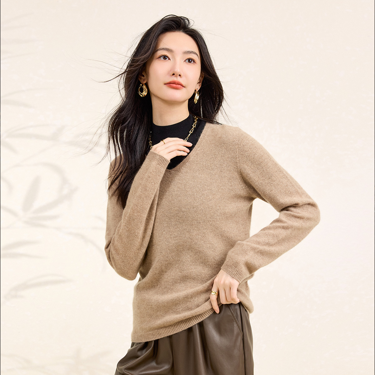 春竹100%纯羊绒2025秋冬新款V领保暖柔软减龄毛衣打底衫女羊绒衫