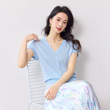 春竹25夏季新款桑蚕丝混纺薄款V领短袖T恤纯色透气休闲女针织开衫
