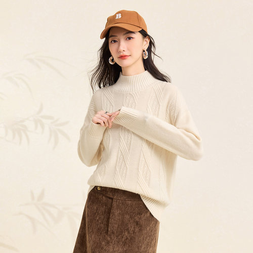 春竹加厚100%绵羊毛26秋冬新款半高领慵懒风减龄保暖毛衣女羊毛衫