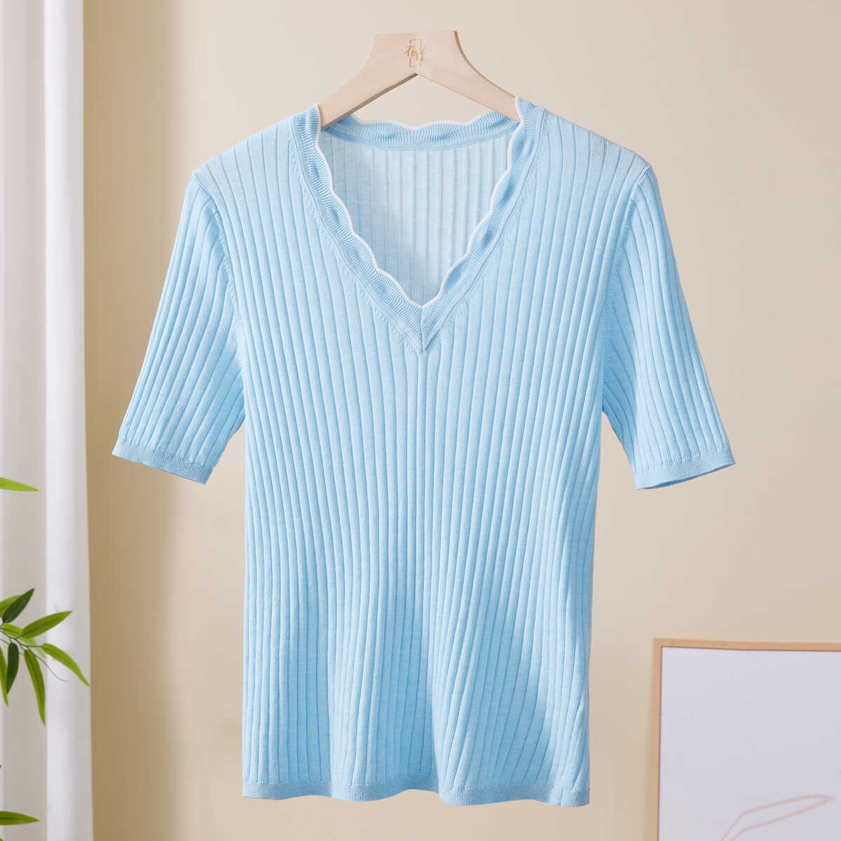 2024夏季修身针织衫春竹套头V领
