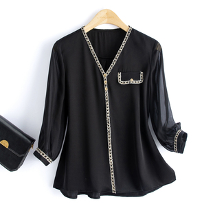 真丝衬衫 春竹19MM桑蚕丝上衣夏季 女七分袖 V领小香风优雅薄款 新款