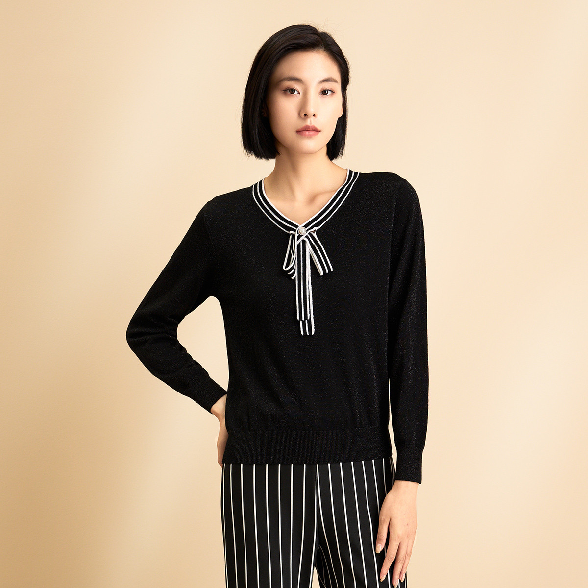 春竹2025秋冬新款100%绵羊毛长袖针织衫上衣V领女套衫优雅打底衫