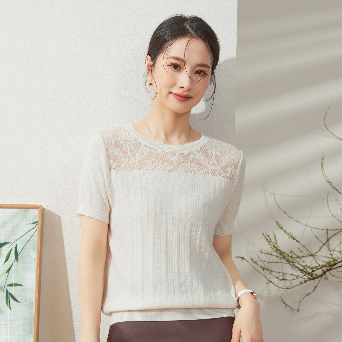 撞色镂空短袖勾花上衣春竹套头