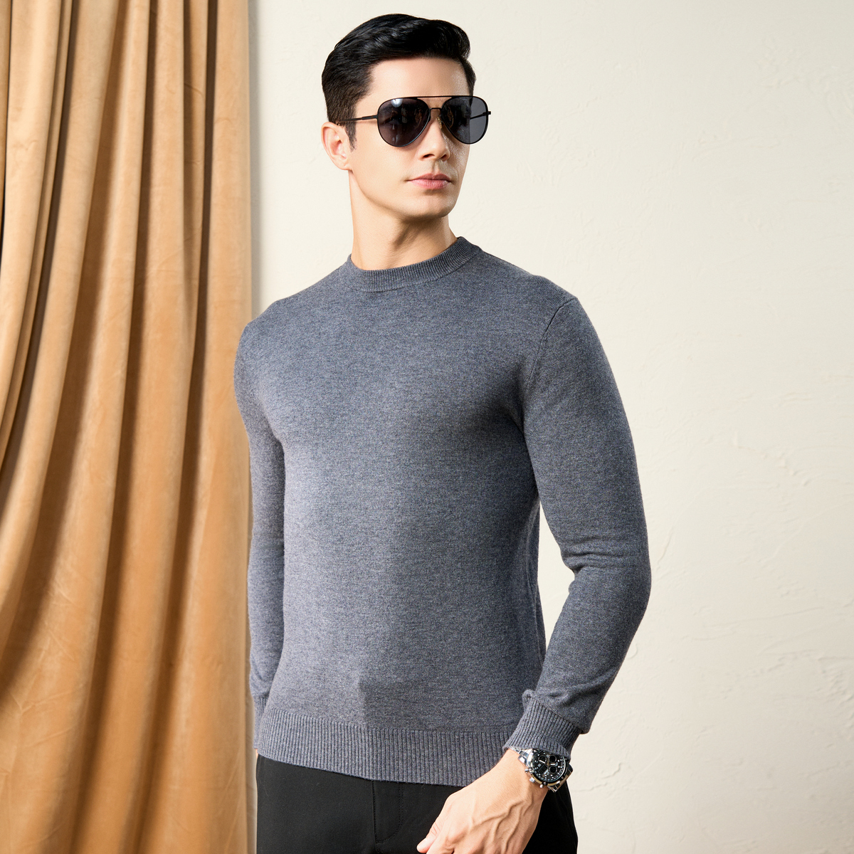 保暖毛衣春竹羊毛男装圆领