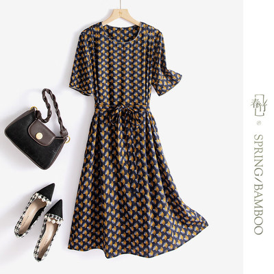 春竹2026春夏新款真丝连衣裙女中长款收腰显瘦短袖桑蚕丝印花长裙